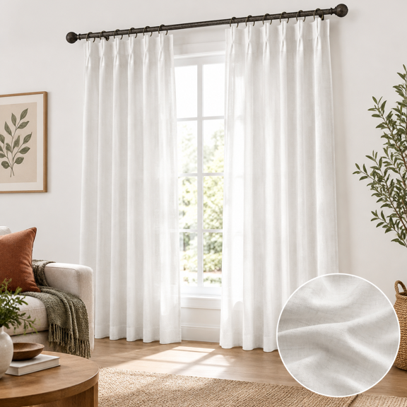 Pinch Pleated Beige White Sheer Curta84 Inches Long Light Filtering Linen Blend Neutral Boho Farmhouse With Hooks For Living Room