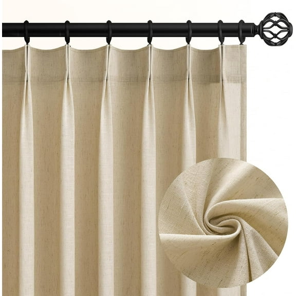 Beige Pinch Pleated Curtains 40x90 inch, Semi Sheer Cotton Blend Linen Burlap Farmhouse Drapes for Living Room Bedroom, Light Filtering, 2 Panels