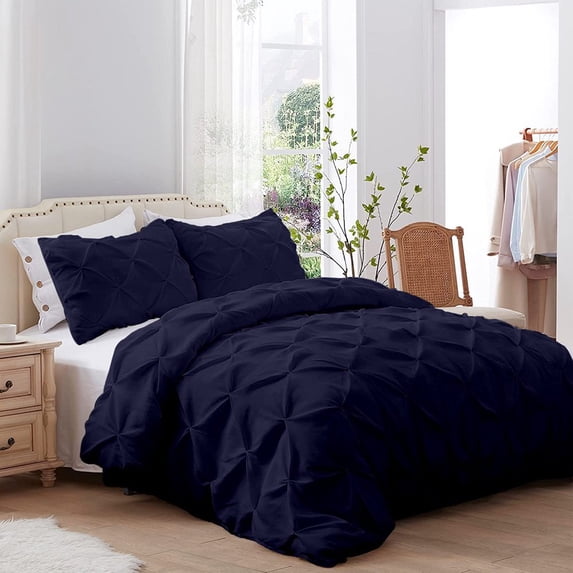 Pinch Pleated Duvet Cover Set 5 Piece Set with Zipper Closure, 500 Thread Count & 100% Egyptian Cotton, Pleated Pinch Comforter and Protector with Pillowcases - Navy Blue Solid, Twin/ Twin XL Size.