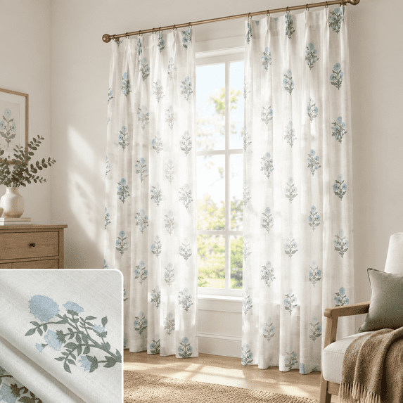 Pinch Pleated Fllinen Curtafor Living Room 90 Inch Blue And Green ...
