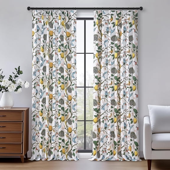 Pinch Pleated Floral Cottage Core Curtains 90 Inches Long, Blue and White Vintage Hummingbird Lemon Blackout Drapes with Hooks, Set of 2 Panels