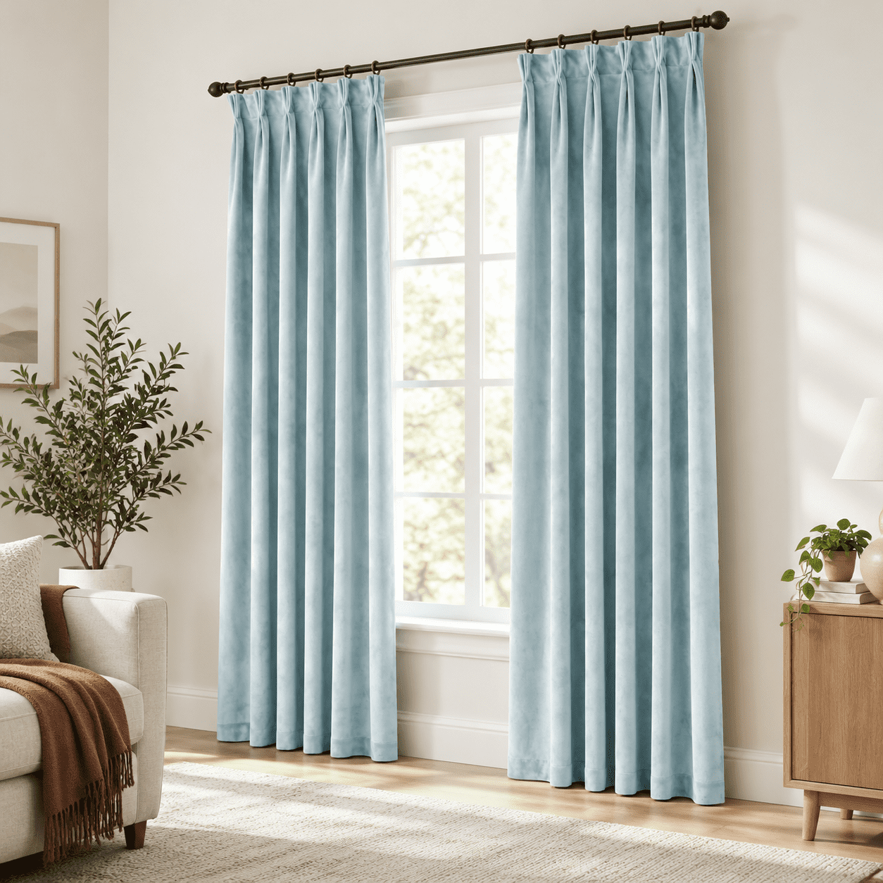 Pinch Pleated Light Blue Curta84 Inch Length 2 Panel Set For Living ...