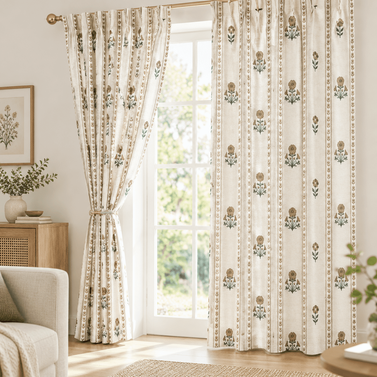 Pinch Pleated Light Filtering Linen Blend Flblock Print Curtafor ...