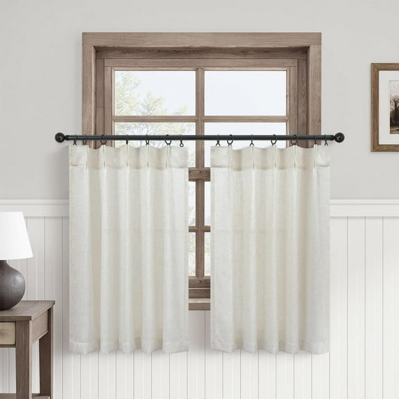 Pinch Pleated Linen Cafe Curtains 30 Inch Length Light Filtering Semi Sheer Mini Curtains for Small Window Basement Bathroom Natural Back Tab Short Cafe Kitchen Curtain with Hooks 30x30 Cream Ivory