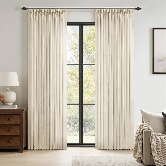 Pinch Pleated Linen Curtains 108 Inches Long, 2 Panels, Soft Thick Linen Textured Window Drapes, Back Tab Hooks, Semi Sheer Light Filtering
