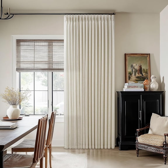 Pinch Pleated Linen Curtains 108 Inches Long for Living Room Tan Beige Double Pleated Drapes Hooks Rings Back Tab Farmhouse Ceiling Floor 108 Inch Window Curtains Bedroom Neutral Flax Linen 1 Panel