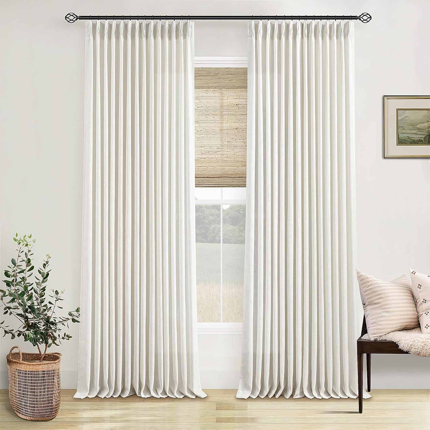 Pinch Pleated Linen Curtains 108 Inches long for Living Room 2 Panels