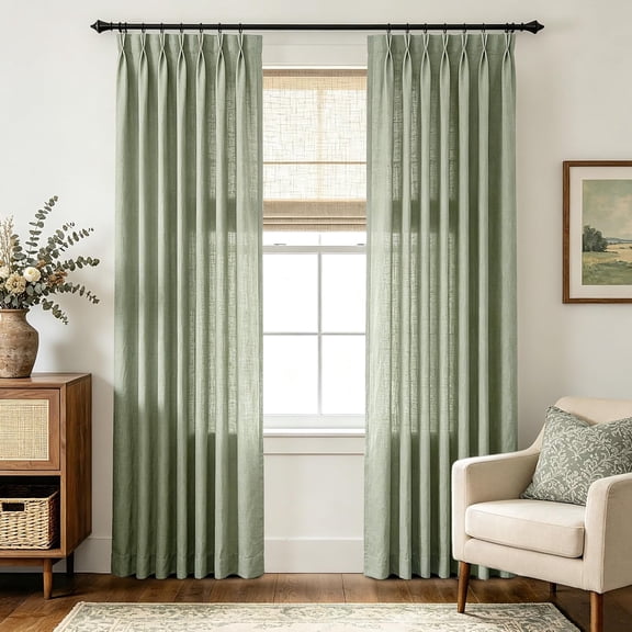 Pinch Pleated Linen Curtains 90 Inches Long 2 Panels for Living Room Bedroom Light Filtering Semi Sheer Sage Green Drapes Memory Trained Back Tab with Hooks Modern Curtains for Office,42X90