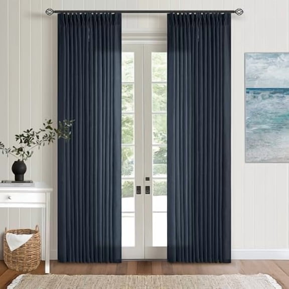 Pinch Pleated Navy Linen Curtains 84 Inches Long 2 Panels Set for Living Room Dining Pinch Pleat Back Tab Light Filtering Farmhouse Boho Retro Window Curtain Drapes 84 Inch Length Dark Blue Indigo