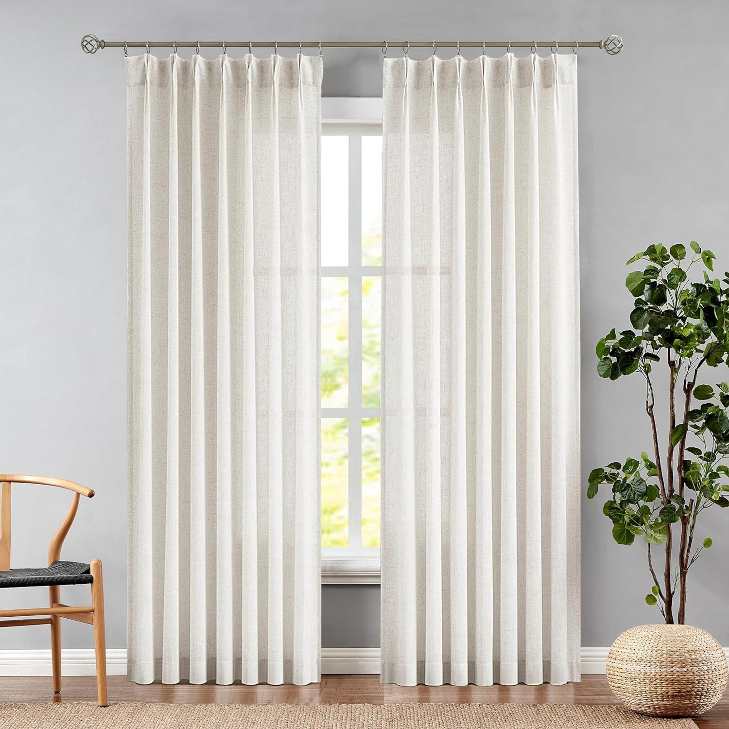 Pinch Pleated Sheer Curtain Panels 120 Inches Extra Long Linen Blend