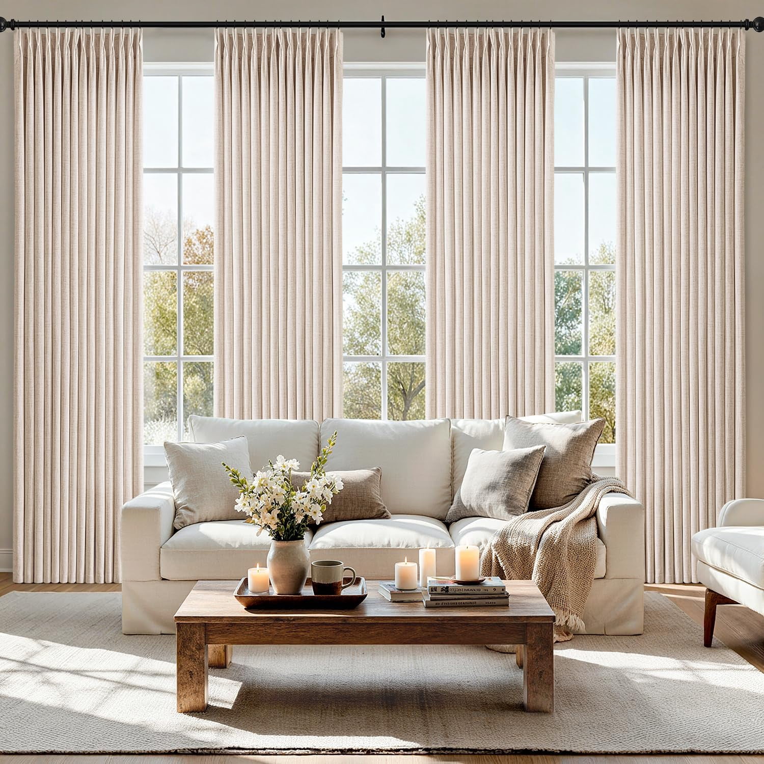 Pinch Pleated Thick Linen Curtains 90 Inch Long 4 Panels Set Back Tab Memory Trained Pinch Pleat Semi Sheer Light Filtering Privacy Curtains Let Light in Window Drapes for Living Room Bedroom