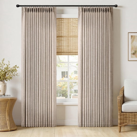 Pinch Pleated Thick Linen Curtains 90 Inches Long 2 Panels for Living Room Bedroom, Linen Texture Memory Trained Drapes Pinch Pleat Rustic Farmhouse Window Curtains with Hooks&Rings, Taupe
