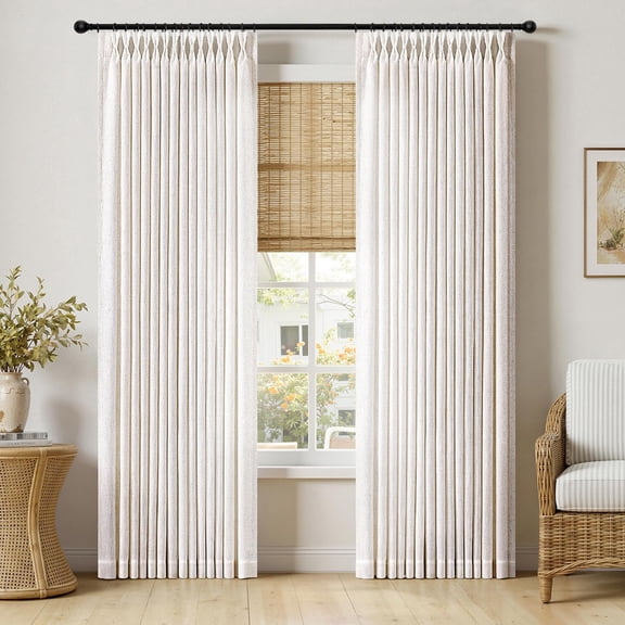 Pinch Pleated Thick Linen Curtains 90 Inches Long 2 Panels for Living Room Bedroom, Memory Trained Pinch Pleat Drapes Back Tab Light Filtering Natural Ivory Cream Window Curtains with Hooks