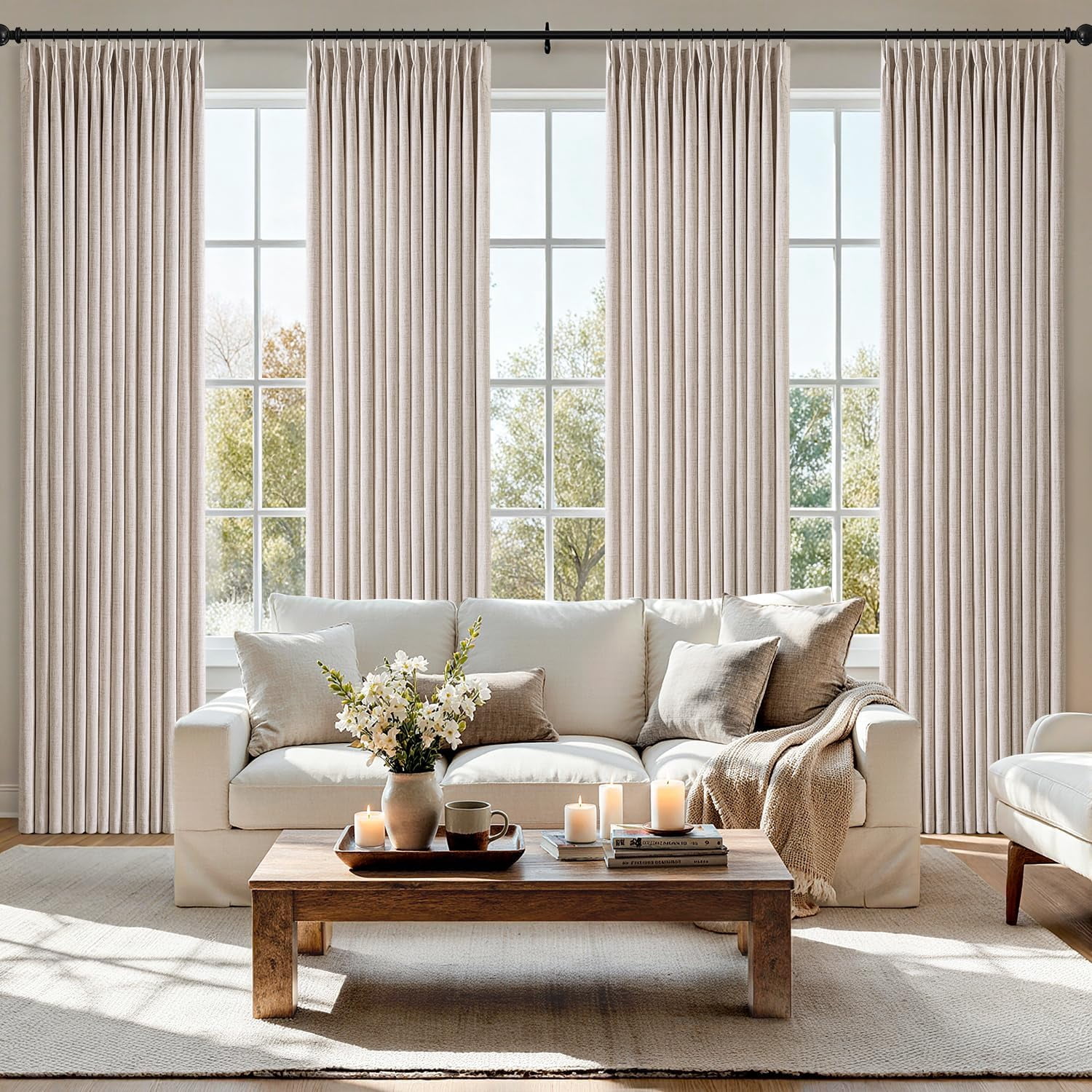 Pinch Pleated Thick Linen Curtains 96 Inch 4 Panels Set Back Tab Memory Trained Pinch Pleat Semi Sheer Light Filtering Privacy Curtain Let Light in Window Drapes for Living Room Bedroom Natural