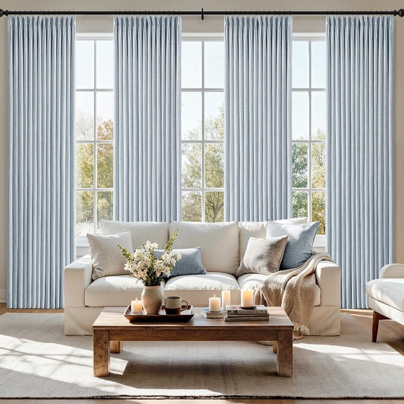 Pinch Pleated Thick Linen Curtains 96 Inch 4 Panels Set Back Tab Memory Trained Pinch Pleat Semi Sheer Light Filtering Privacy Let Light in Window Drapes for Living Room Bedroom Chambray Blue