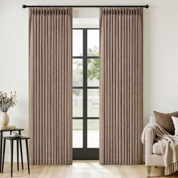 Pinch Pleated Thick Linen Curtains 96 Inches Long 2 Panels for Living Room Bedroom, Linen Memory Trained Drapes Back Tab Light Filtering Country Farmhouse Burlap Brown Curtains with Hooks
