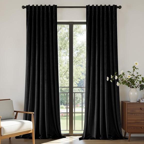 Pinch Pleated Velvet Curtains 108 Inch Long 2 Panel Set for Living Room Bedroom, Back Tab Blackout Drapes with Adjustable Hooks (40”W x108”L,Black)