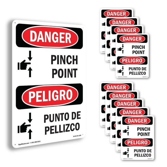Pinch Point Bilingual OSHA Danger Aluminum Sign 14 Inch x 10 Inch - 10 Pack