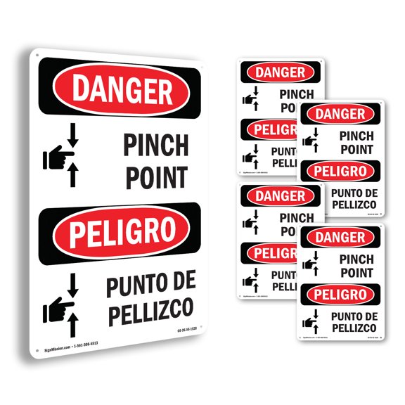 Pinch Point Bilingual OSHA Danger Rigid Plastic Sign 10 Inch x 7 Inch - 5 Pack