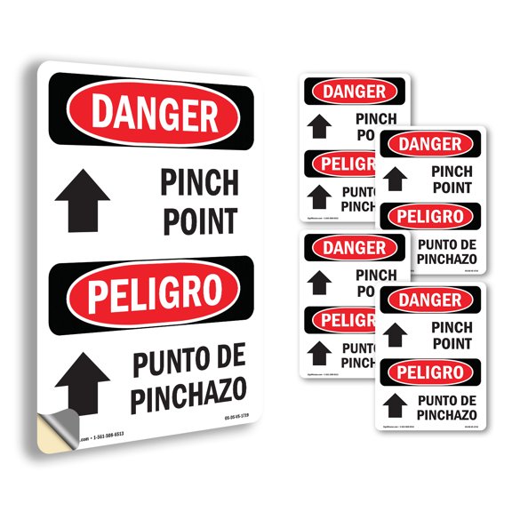Pinch Point Bilingual OSHA Danger Vinyl Decal Label 5 Inch x 3.5 Inch - 5 Pack