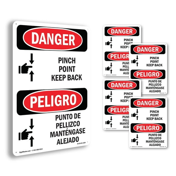 Pinch Point Keep Back Bilingual OSHA Danger Rigid Plastic Sign 18 Inch x 12 Inch - 5 Pack