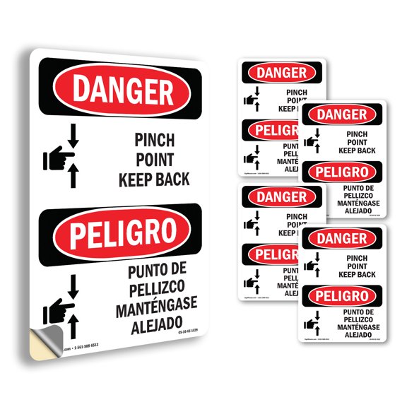 Pinch Point Keep Back Bilingual OSHA Danger Vinyl Decal Label 5 Inch x 3.5 Inch - 5 Pack