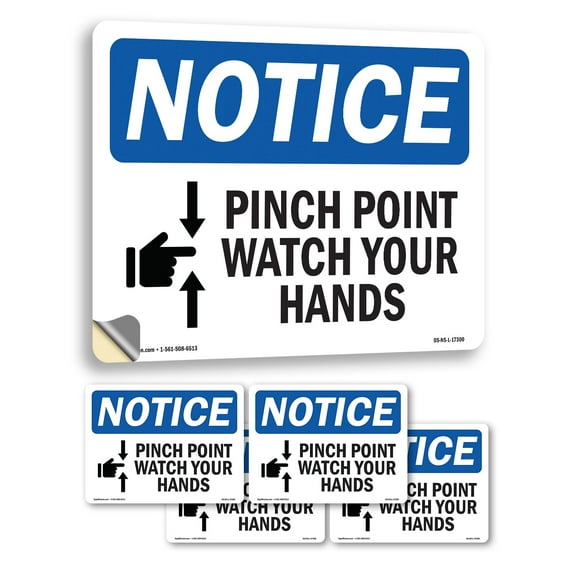 Pinch Point Watch Your Hands With Symbol OSHA Notice Vinyl Decal Label 5 Inch x 3.5 Inch - 5 Pack
