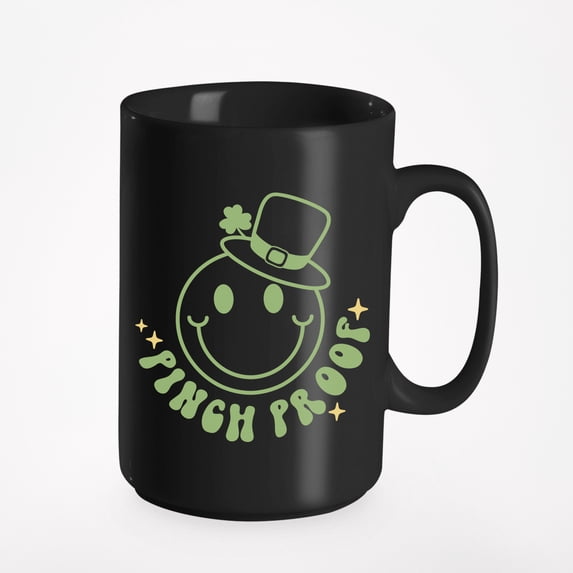 Pinch Proof & Retro Smiling Face, Leprechaun Humor, St. Patrick's Day Merch Gift, Black 15oz Ceramic Mug