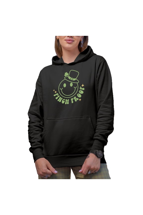 Pinch Proof & Retro Smiling Face, Leprechaun Humor, St. Patrick's Day Merch Gift, Black Hooded Sweatshirt or Hoodie, 2XL