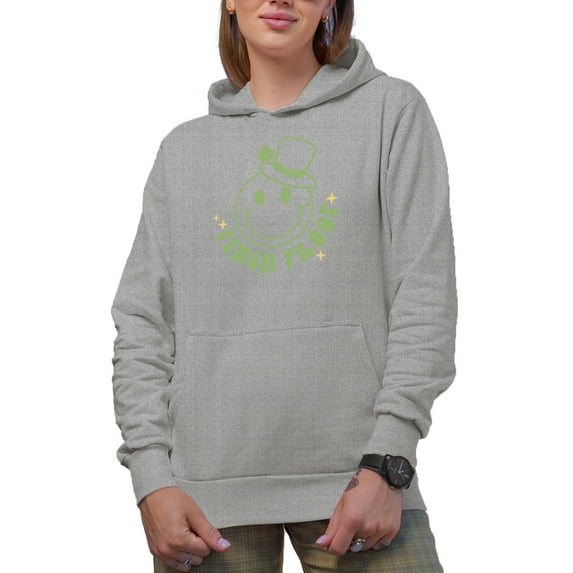 Pinch Proof with a Retro Smiling Face Art, St. Patrick's Day Merch Gift, Heather Grey Hooded Sweatshirt or Hoodie, Medium