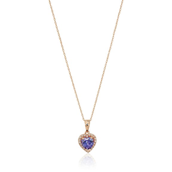 Pinctore 10k Rose Gold Tanzanite Heart and Diamond Pendant Necklace, (1/10 cttw H-I Color, I1-I2 Clarity), 18"