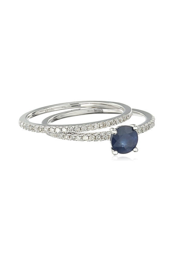 10k White Gold Genuine Blue Sapphire & Diamond Stackable Ring