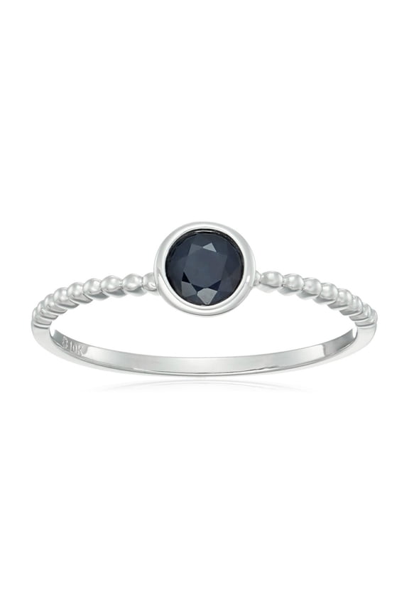 10k White Gold Genuine Blue Sapphire Solitaire Beaded Shank Stackable Ring, Size 7