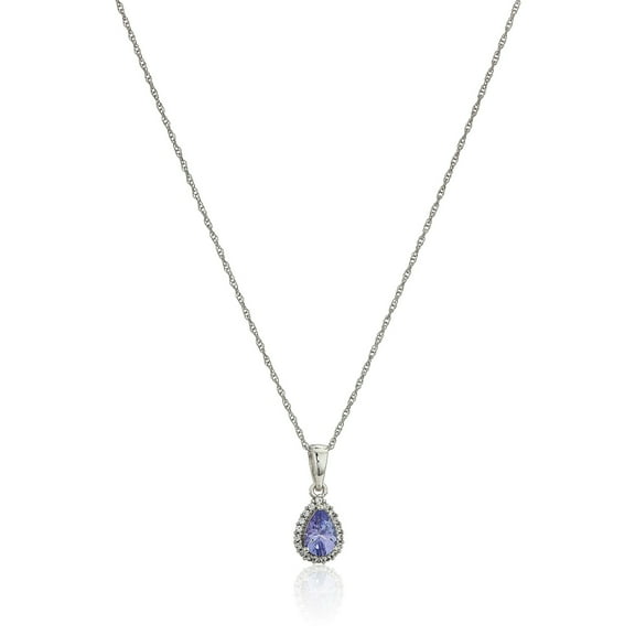 Pinctore 10k White Gold Tanzanite and Created White Sapphire Pear Halo Pendant Necklace, 18"