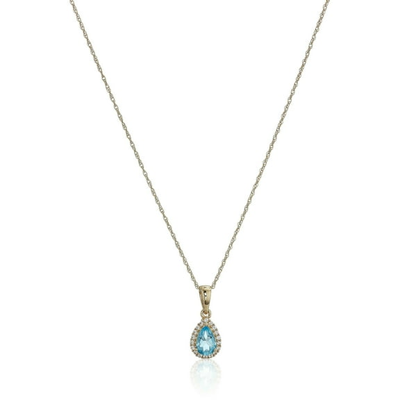 Pinctore 10k Yellow Gold Swiss Blue Topaz and Created White Sapphire Pear Halo Pendant Necklace, 18"