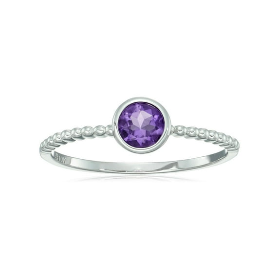 Pinctore Pinctore 10k White Gold African Amethyst Solitaire Beaded Shank Stackable Ring, Size 7