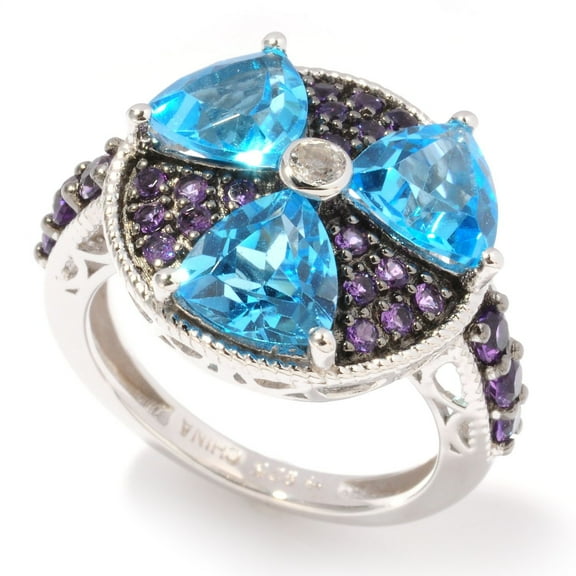 Pinctore Sterling Silver 4.62Ctw Swiss Blue Topaz, African Amethyst Cluster Ring