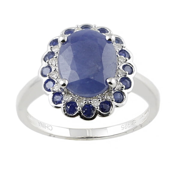 Pinctore White Sterling Silver Natural Indian Blue Sapphire and Diamond Classic Ring