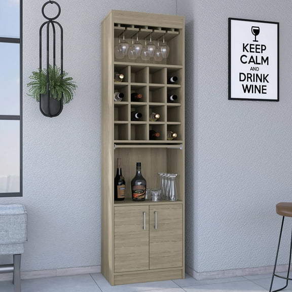 Pine Bar Cabinet, 71" Height, Double Door Design, Two Shelves, 16 Wine Rack Slots, 12 Glass Rack, Retractable Serving Tray, Bottle Liquor , Beige High, Sideboard With