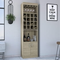 Pine Bar Cabinet, 71" High, Double Door Sideboard With Two Shelves, 16 Wine Rack Slots, 12 Glass Rack, Retractable Serving Tray, Bottle Liquor , Beige Tall, Arrangement, Positions,