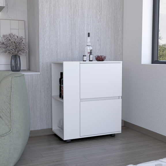 Compact Bar Cart with Two Pull - Down Door Cabinets for Hidden Storage in Dining Rooms
