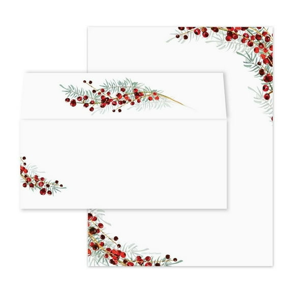 Pine And Berry Holiday Letterhead With Envelopes / 40 Decorative Sheets With Matching Full Color Envelopes / 8.5" x 11" Watercolor Christmas Evergreen Design / Festive Winter Stationery Paper