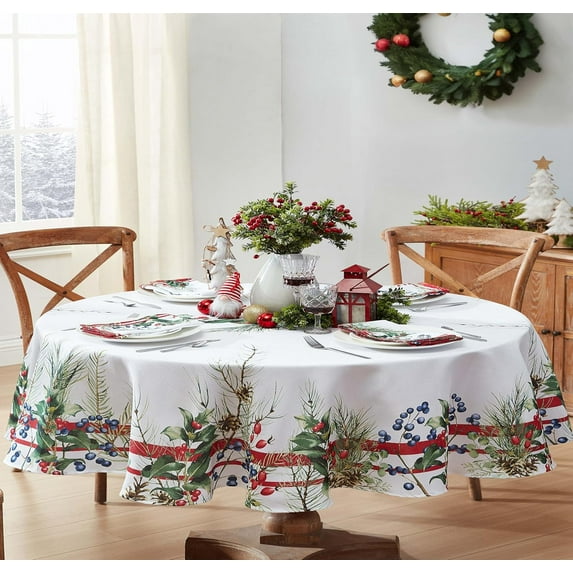 Pine Berry Provence Christmas Fabric Tablecloth, 60 x 84 Inch Oval, Holiday Pine Needles and Berries, French Country Winter Dining Table Cover
