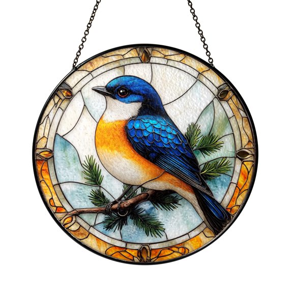 Pine Branch Bird Sun Catcher Glass Style Window Ornament Nature Accent