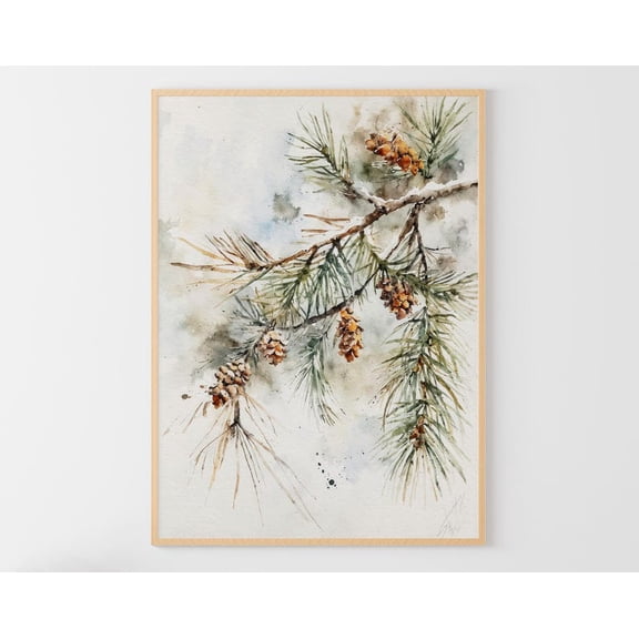Pine Branch Poster, Evergreen Tree Art Snowy Forest Wall Decor, Unframed Poster Size 16x24
