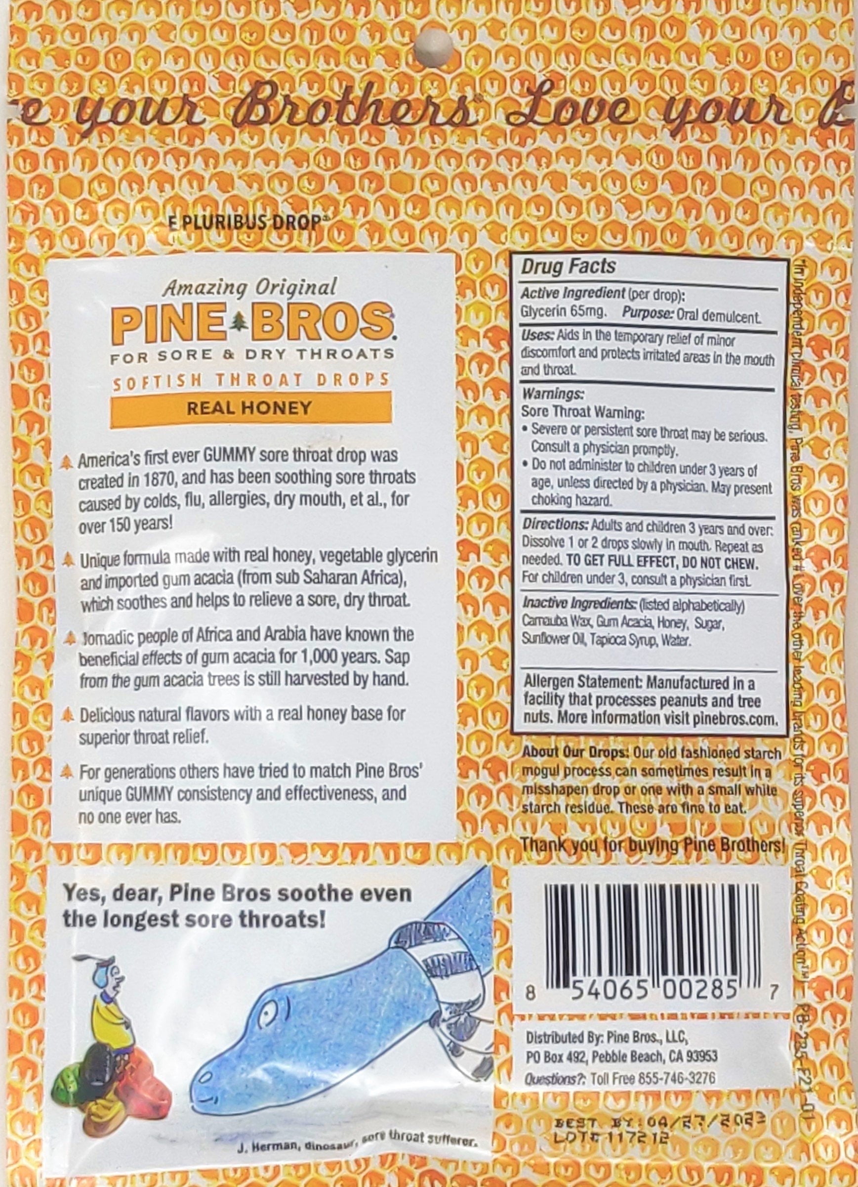 Pine Bros. Sore Throat Drops, Honey, Gummy, 30 Count