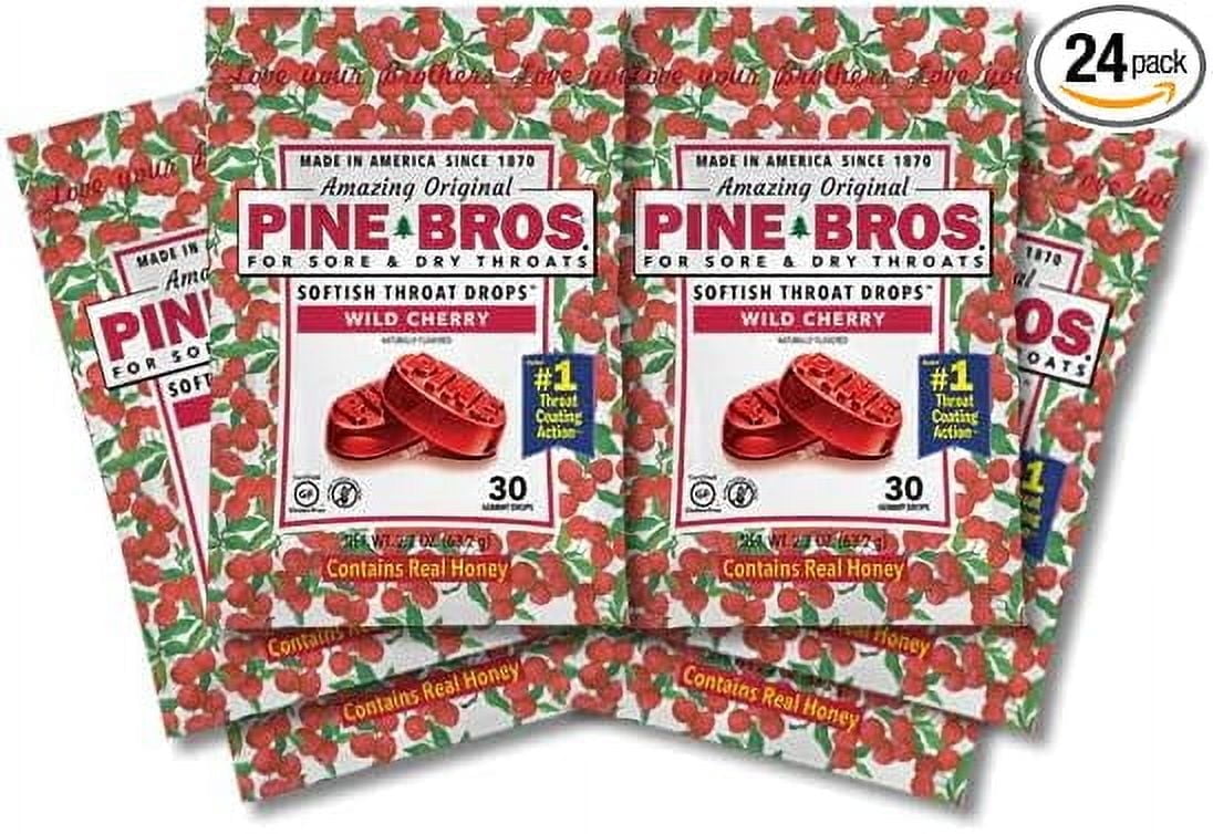Pine Bros. Wild Cherry Sore Throat Drops, 30 Drops, 24 Pack