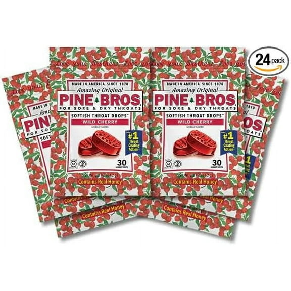 Pine Bros. Wild Cherry Sore Throat Drops, 30 Drops, 24 Pack
