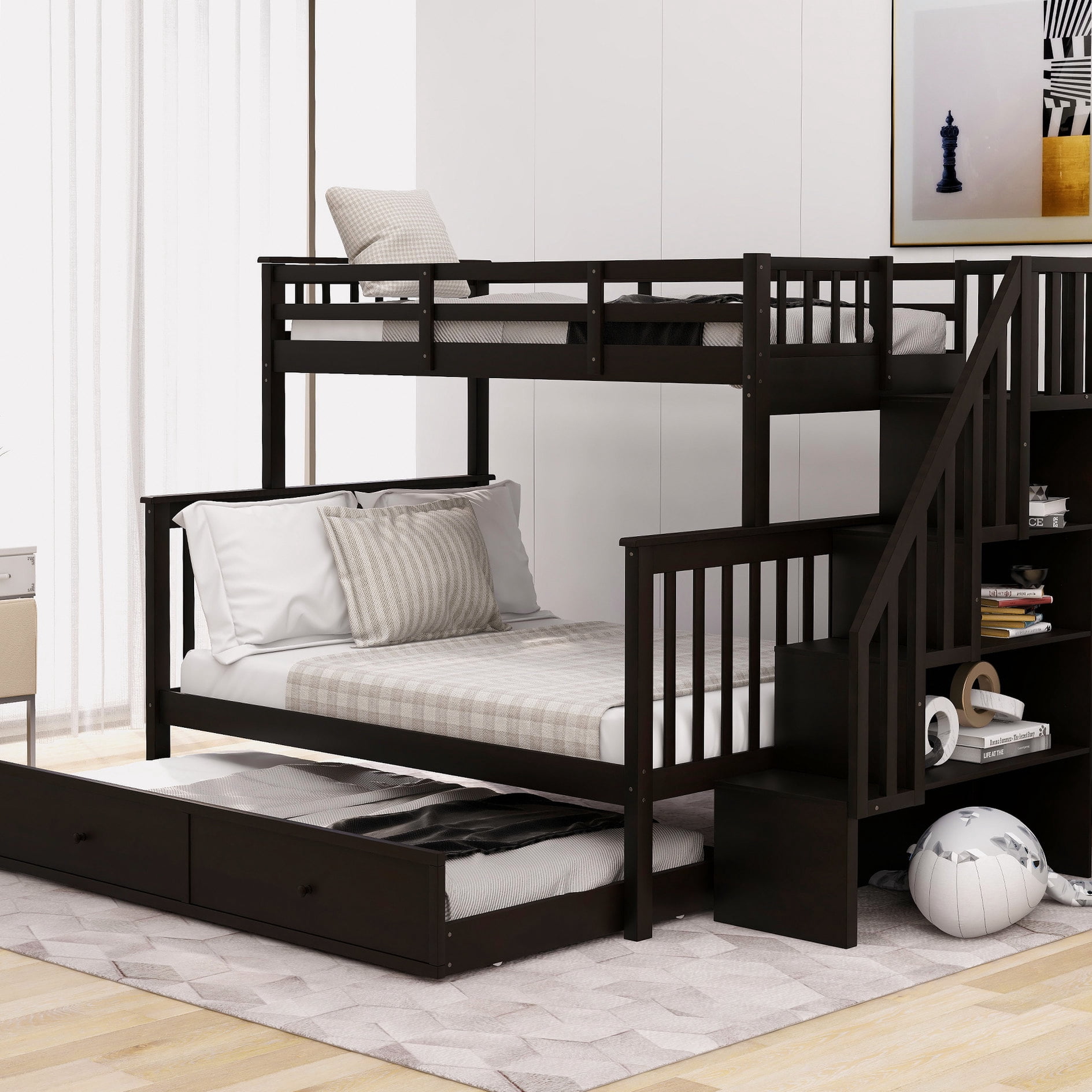 Pine Bunk Bed with Guard Rail and Trundle | Designed for Family Use and
