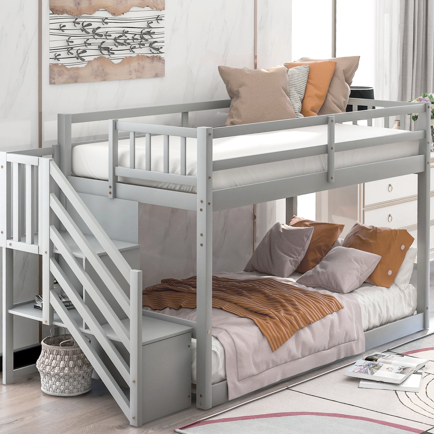 Pine Bunk Bed with Side Ladders and Storage / Gray Color, Suitable for ...